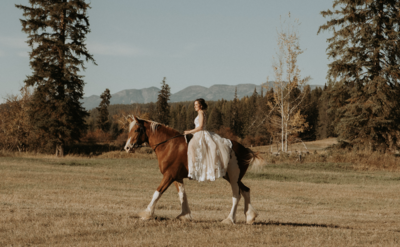 bridal photo of bride sitting on a horse riding through an open field