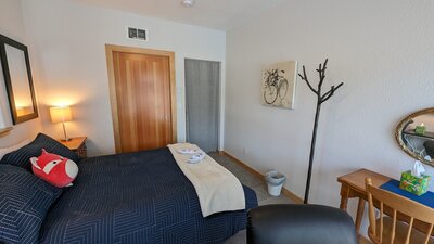 bedroom 1 with blue bedding and fox pillow