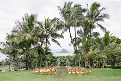 A wedding ceremony setup surrounded by trees with the ocean behind 