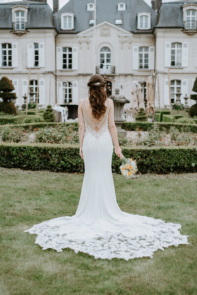Bride standing in front of her wedding villa on the French Riviera