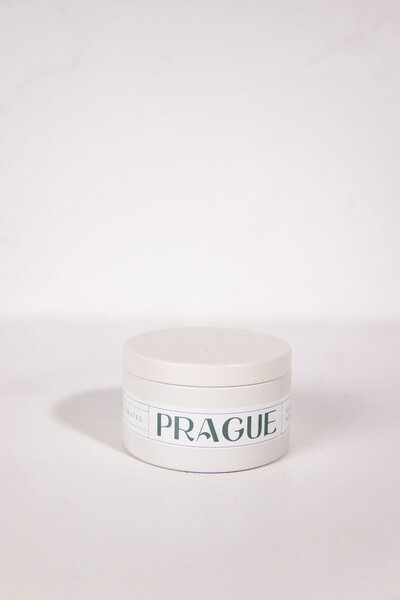 Prague travel themed candle with wood wick and natural soy in a reusable container