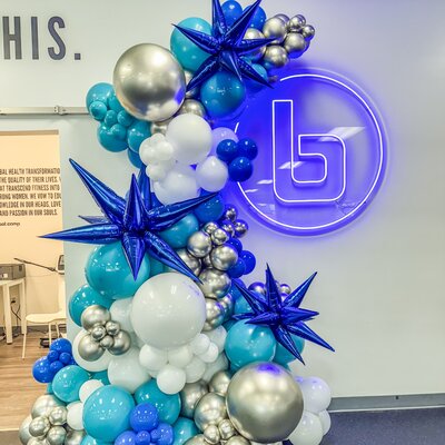 blue, silver, white, balloon installation Tampa