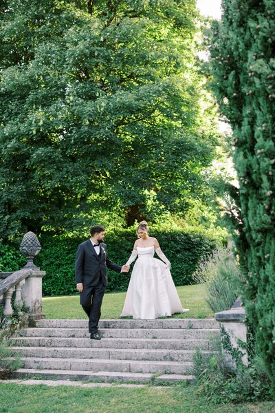 bride and groom standing at villa antonia