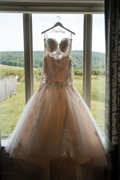 Stunning wedding dress hanging against the window and backdrop of wine grapes at breaux vineyard