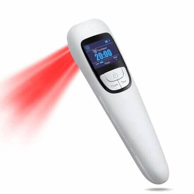 A handheld red light therapy device emitting laser light for pain relief or inflammation reduction, with an LED screen showing settings.