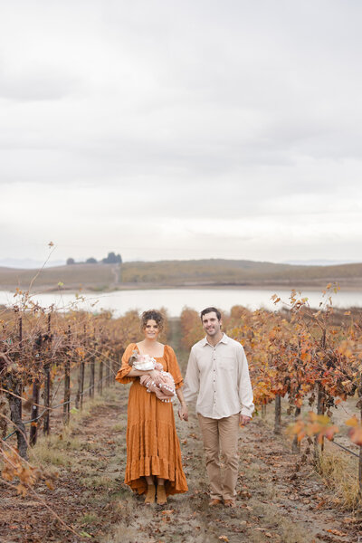 couple in a vineyard for neworn session in linden california