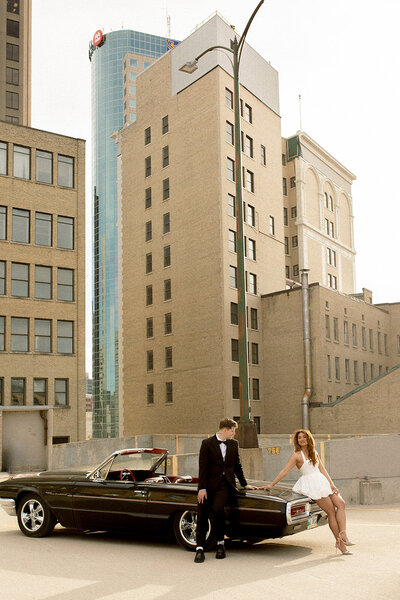 Downtown Exchange District Engagement Session - Vintage Film Inspired Engagement Photoshoot - Vintage Car Coupes Photos - Luxury Engagement Session - Top Winnipeg Wedding Photographer- Manitoba Wedding Photographer