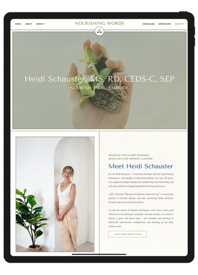 Website design for an trauma eating nutritionist, featuring a welcoming layout and warm plant imagery.