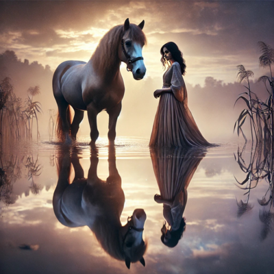 Woman standing beside horse in water in an ethereal landscape looking down towards their clear reflection, representing the Animal Mirror Animal Communication Session.

