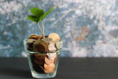cup full of coins and leaves sprouting out of the top