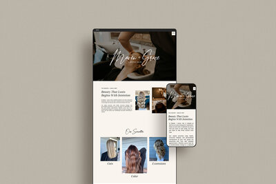 Showcase of Ruby Works Co.™ marketing results, including 426 organic inquiries and over 100 new client leads, alongside responsive website designs for salons and service-based businesses.