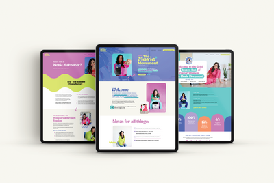 Three iPads showing brightly colored webpage layouts for business coach