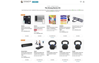 Laptop displaying The Strong Starter Kit Amazon shop page, featuring recommended fitness equipment for women over 40 including kettlebells, resistance bands, and mobility tools.