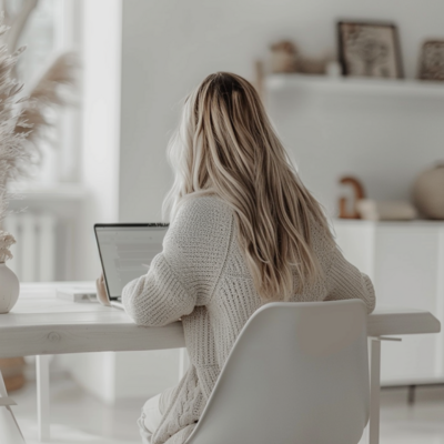 Frau mit langen, blonden Haaren sitzt an einem Schreibtisch und arbeitet am Laptop in einem hell eingerichteten Raum. Dekorationen und natürliche Elemente im Hintergrund. Symbolisiert produktive Arbeitsweisen und kreative Lösungen für dein Online-Business.