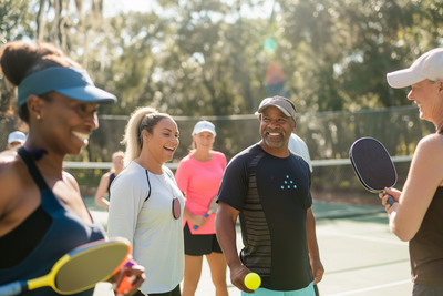 Group of beginner pickleball players laughing together during a coaching session on outdoor courts, holding paddles and enjoying a fun learning atmosphere - LifeNBalance Pickleball Coaching with Mark Sullivan