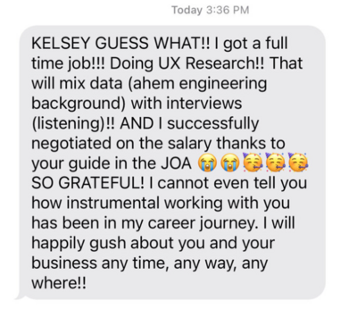 Text message screenshot from a client of The Called Career