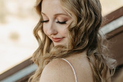 Bride with Make-up Looking Down - Megan & Amber | Hood River Wedding  - LGBTQ Wedding