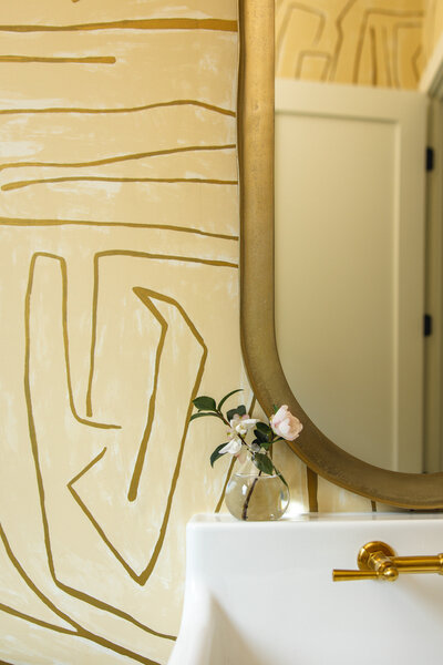 Serenbe Powder Room Gold Wallpaper and Mirror