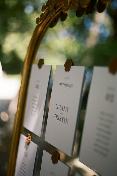 Wedding photography on 35mm film in Sonoma County of a seating chart. Details wedding photo on film.