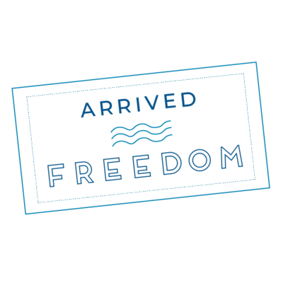 Branding graphic that looks like a passport stamp and reads Arrived Freedom