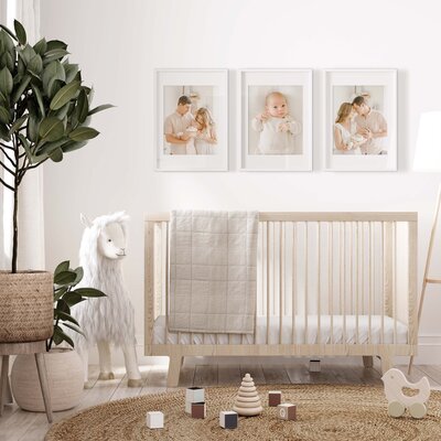 Newborn nursery with newborn photography images framed above the crib