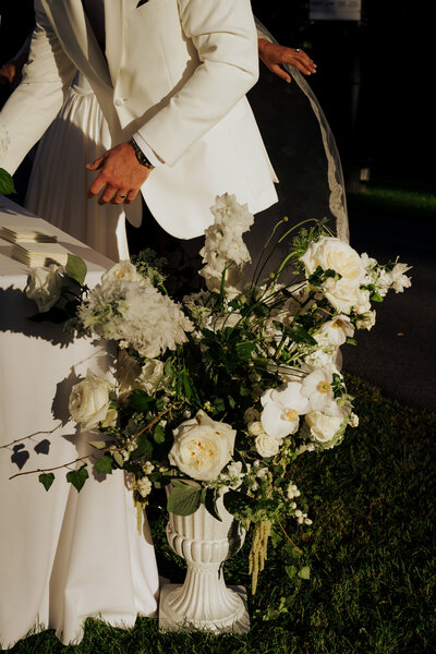 Editorial wedding photography of couple with florals at Cape Cod wedding