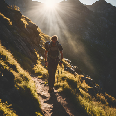 Hiker walkng along edge of mountainside