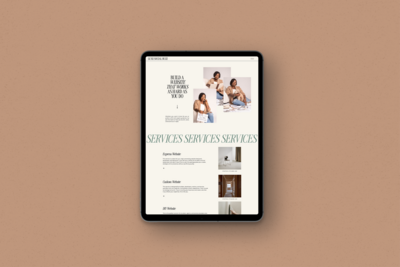 Mockup of a cream-toned Showit website for a women-owned service brand, with a mix of editorial and approachable elements.