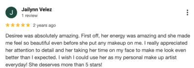 Client review praising glam wedding makeup by Skinlux Beauty Bar.