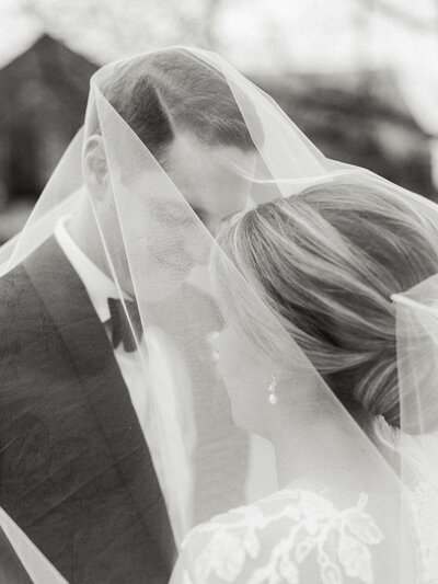 Couple posing under bridal veil