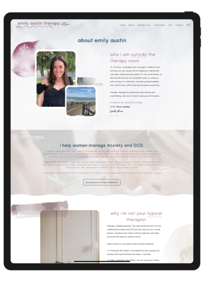 Screenshot of the About Me page on Emily Austin Therapy’s website, featuring a photo of Emily Austin along with a personalized introduction and therapeutic approach.