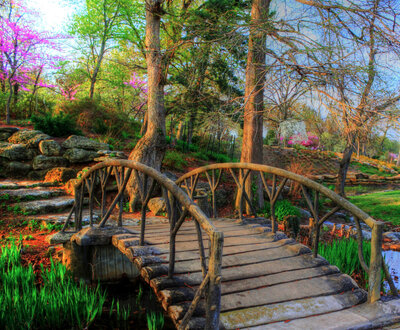 Decorative image of a wooden footbridge crossing a stream