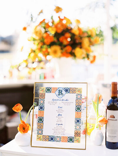 Blue and orange wedding drink display stand
