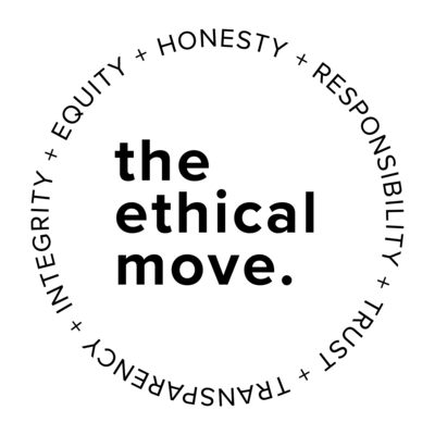 The Ethical Move logo in black with values in a circle outline: Honesty, Responsibility, Trust, Transparency, Integrity, Equity