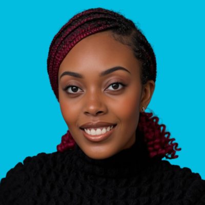 black woman office administrator at Move Forward with black and red hair in black shirt