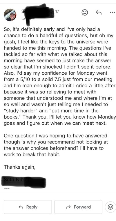 Screenshot of heartfelt client email sharing how coaching improved confidence and clarity: "the questions I’ve tackled… seemed so much easier"