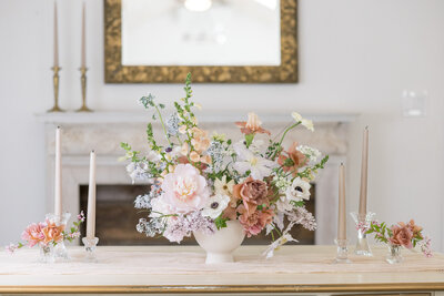 Flower arrangement with soft muted pastel spring flowers