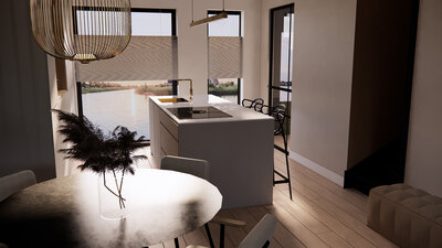 Rustgevend modern interieur ontwerp in 3D. Realistische weergave van minimlaistisch interieur. Uitzicht over water. Open moderne keuken en design lamp.