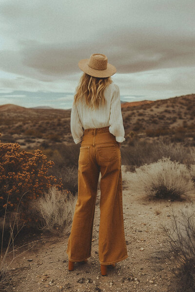 A person in a hat stands on a desert path, wearing a white blouse and brown pants, with "His Name is Eric" by Phillipa Leseberg tucked under their arm, gazing towards the horizon.