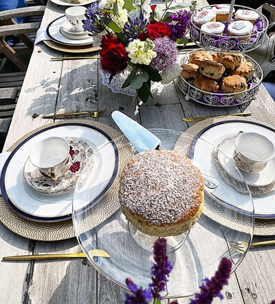 Dessert display stands set up for an afternoon tea