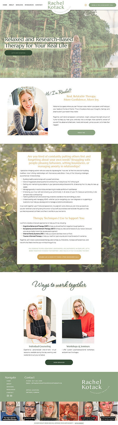 Therapist's website with nature theme. Header shows a woman by a pond. Sections detail services like counseling, workshops, and therapy techniques. Calm and welcoming tone.
