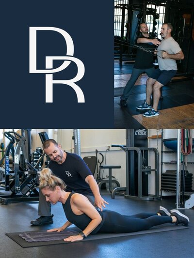 DR interlocking monogram logo displayed alongside action photos of Darwin training male and female clients, highlighting both strength and form in a real gym setting.