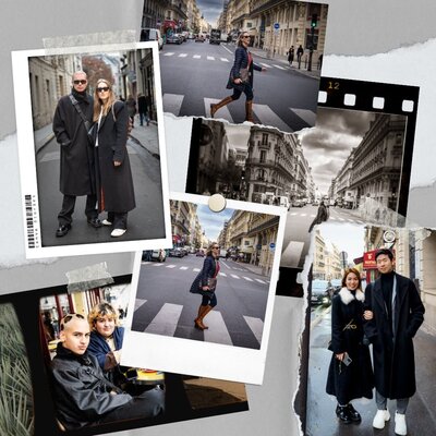 Collage of couples posing and crossing the streets of Paris