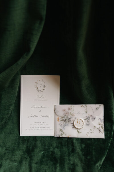 A flat lay of a botanical-themed wedding invitation suite with delicate floral designs and soft neutral tones.