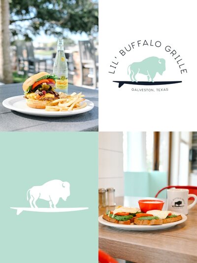  Visual collage showcasing Lil' Buffalo Grille’s food offerings, logo usage, and brand colors in a casual, coastal dining atmosphere.