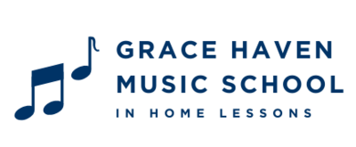 Simple music symbol icons next to a sans serif font with words "Grace Haven Music School In Home Lessons".