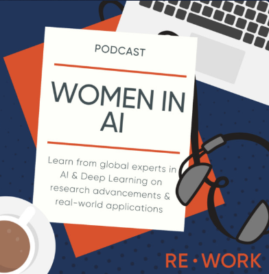 podcast thumbnail for women in ai podcast on spotify - image is a graphic of a laptop and headphones colors are orange and blue