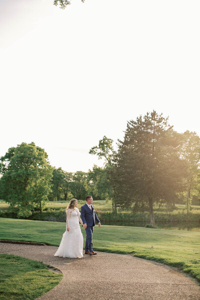 Bride and groom walking in a Catholic church
