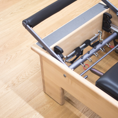 Pilates reformer, representing core Pilates equipment at Jaz Pilates, featured as part of Muse Studio’s content creation and fitness branding strategy.