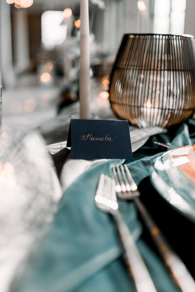 Close up of wedding reception dinner place setting